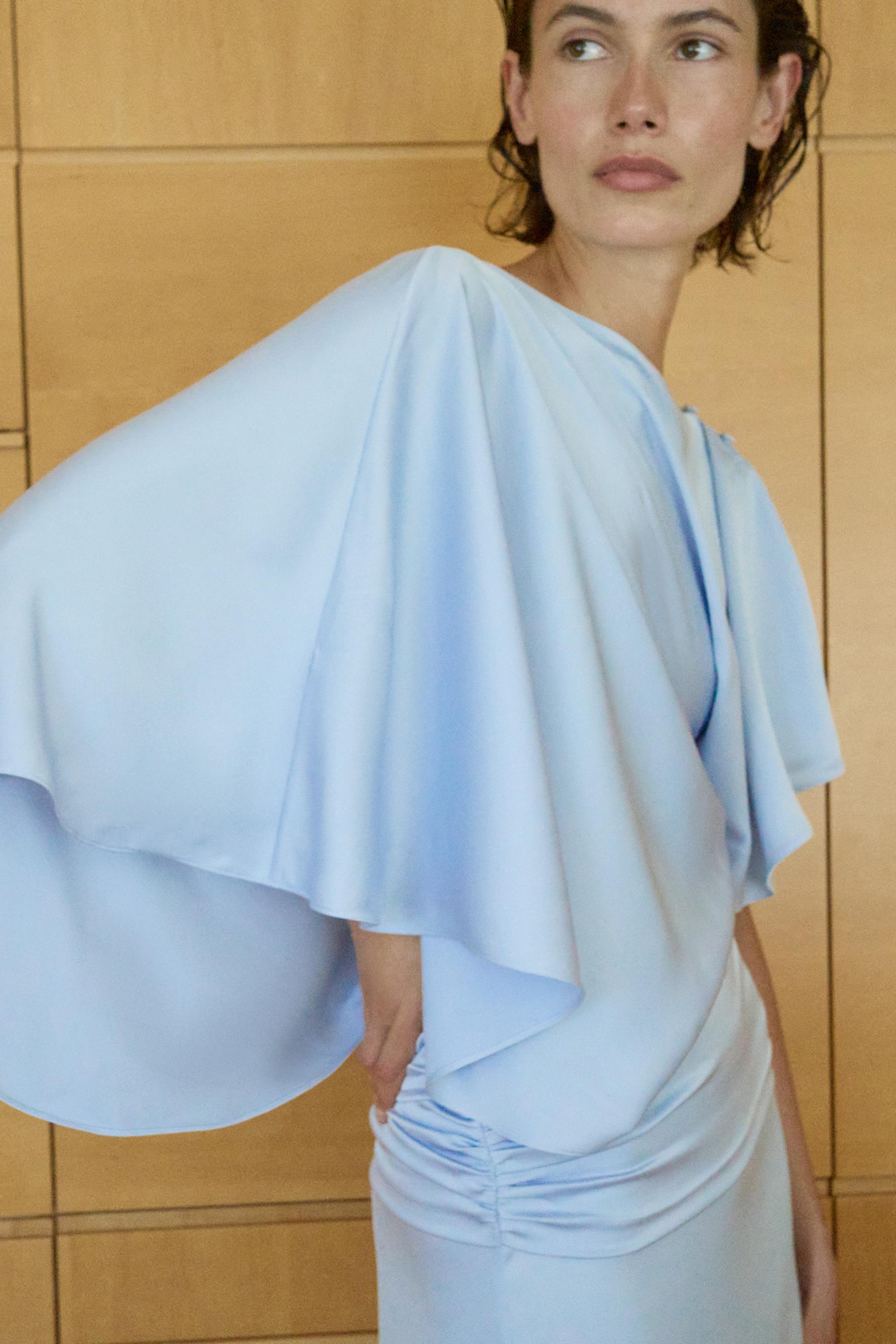 ASYMMETRIC CAPE SATIN EFFECT DRESS